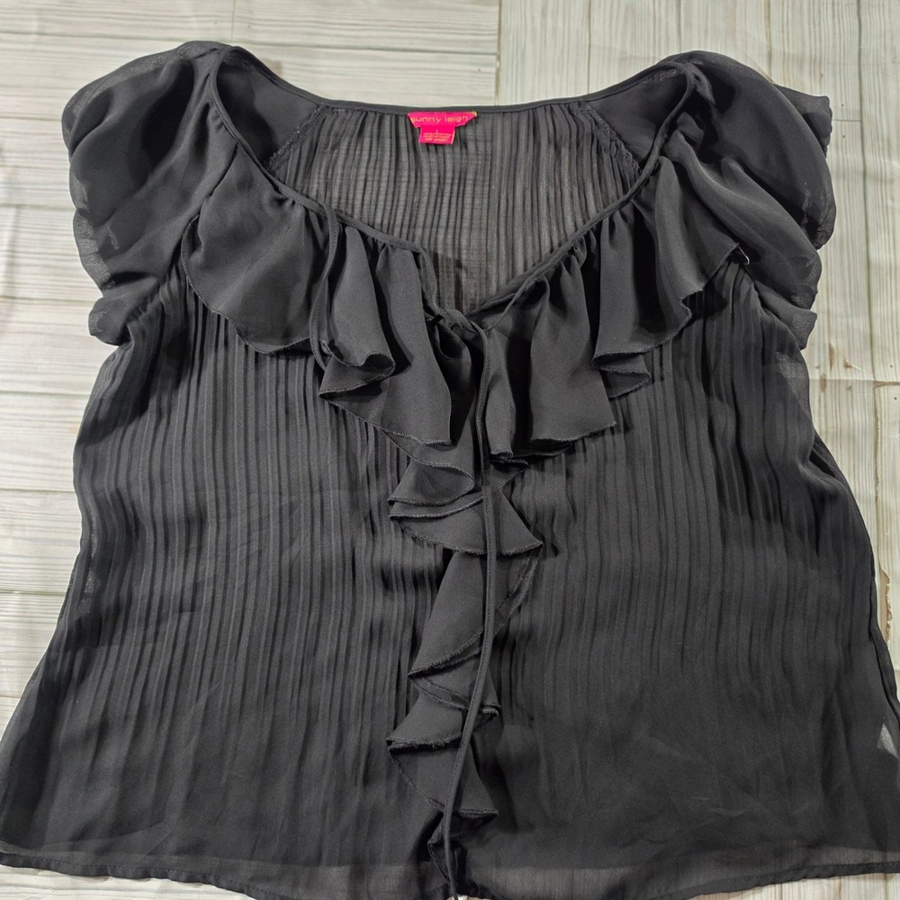 Sunny Leigh Black Pleated Ruffle V-Neck Cap Sleeve Chiffon Blouse Large